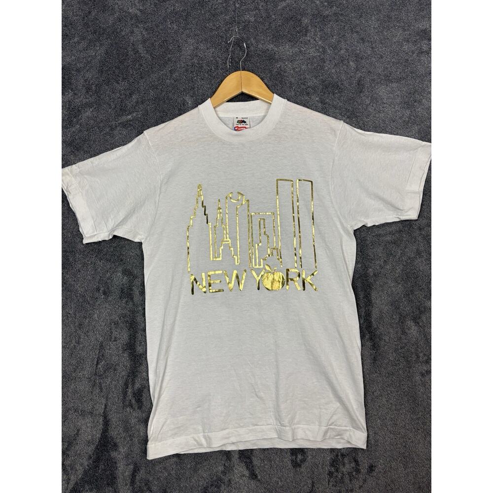 Vintage New York Gold Foil Skyline T-Shirt Made in USA Fruit of the Loom M